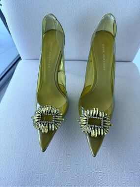 Good American Olive Pointed Toe Crystal-Buckle Pump